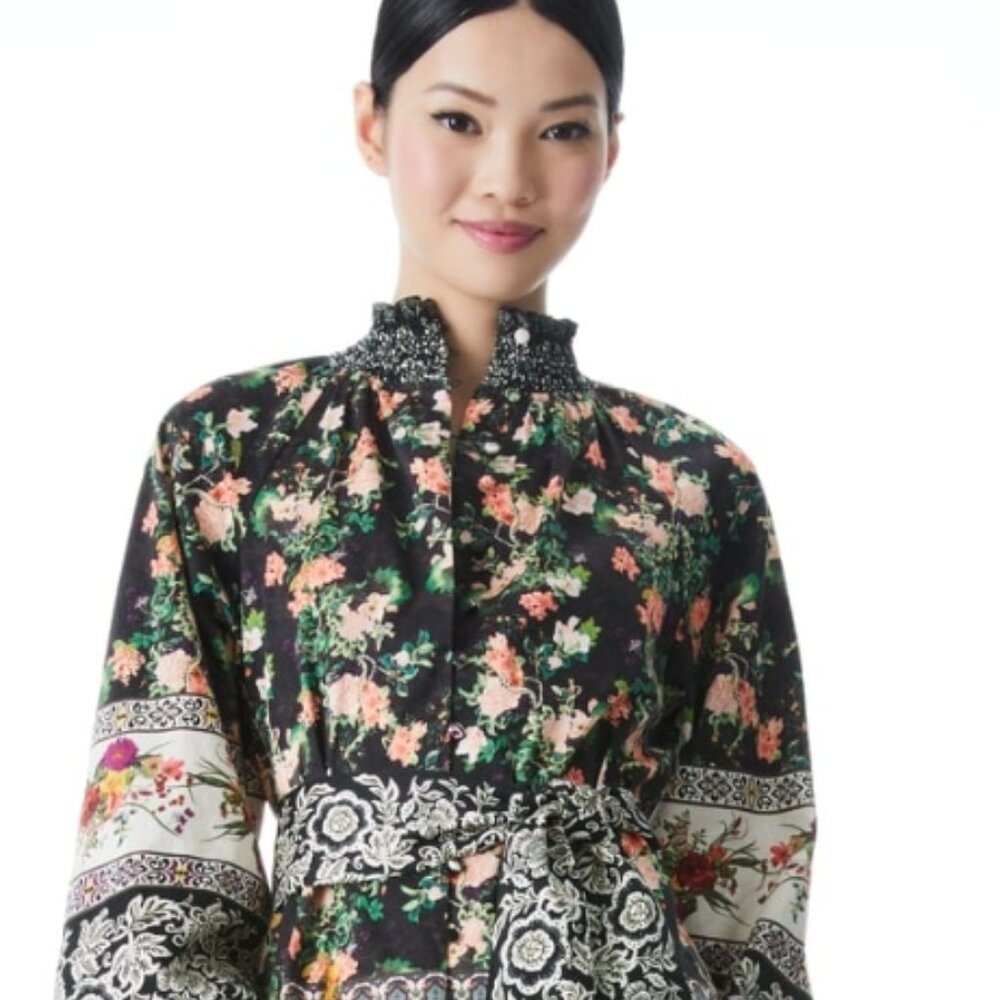 Alice + Olivia JANIS Black/Multi Floral Belted Mock Neck Boho Mini Dress L $395